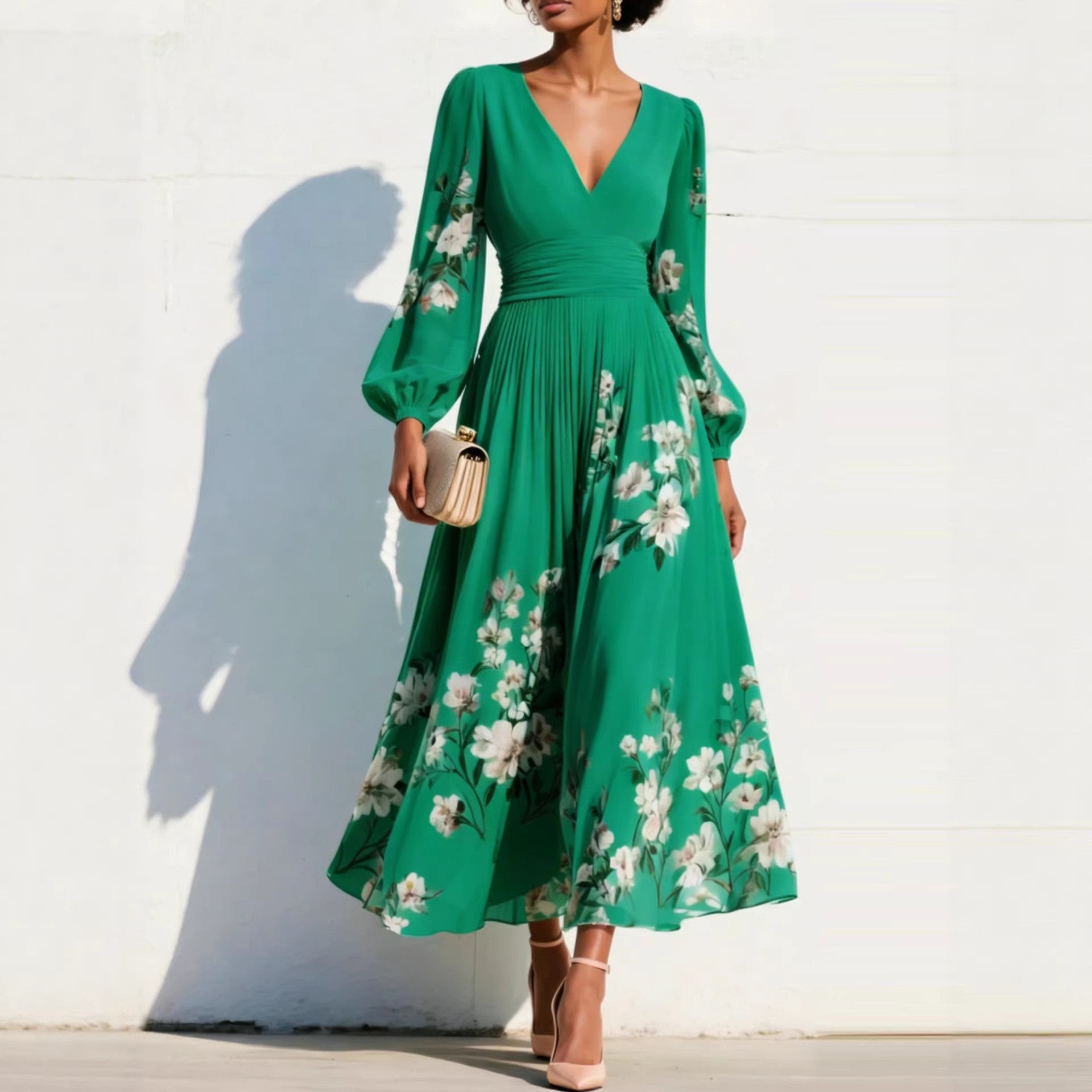 Anna-Berg | Elegant Floral Print Long-Sleeved V-Neck Dress