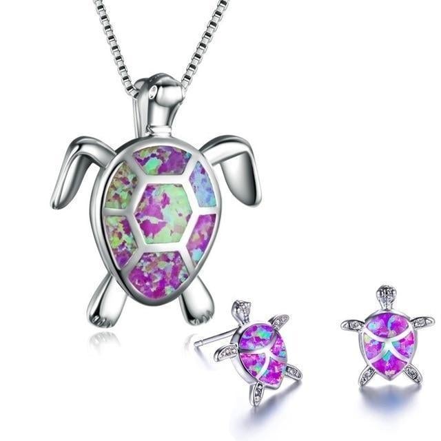 Turtle Necklace + Earrings Set in Opal and Silver