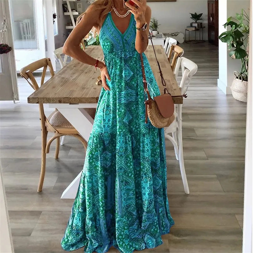 Anna-Berg | Timeless V Neck Boho Flowy Draped Maxi Dress