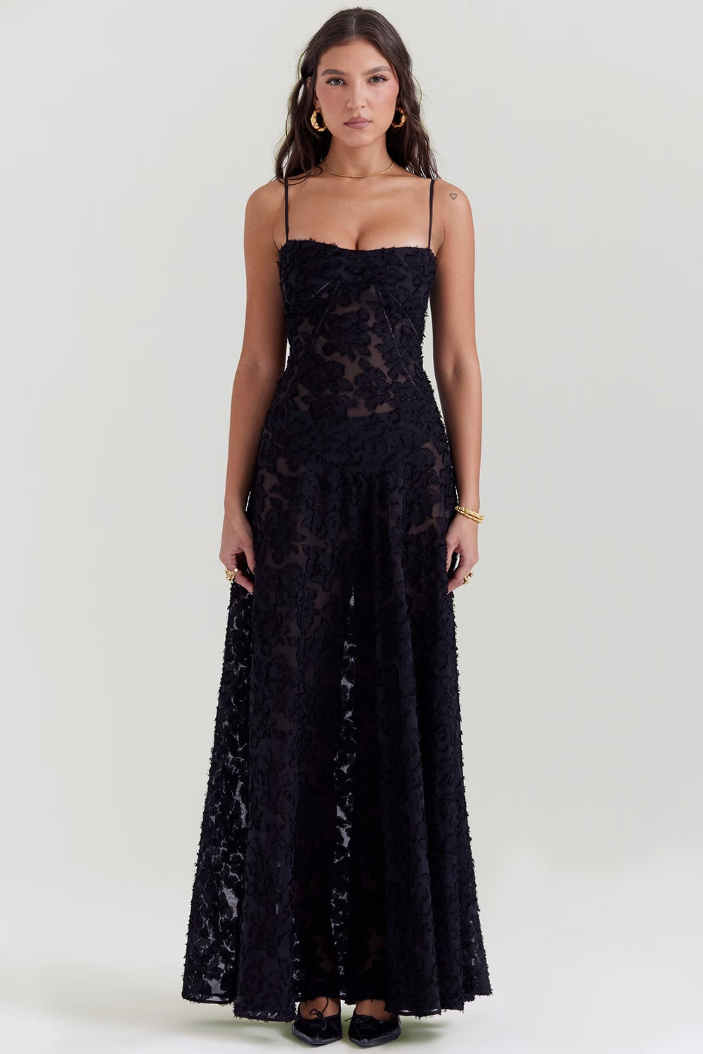 Anna-Berg | Elegant Maxi Dress With Thin Straps And Pattern