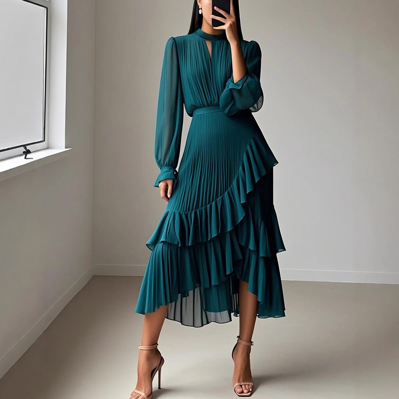 Anna-Berg | Luxe Anna – Pleated Midi Dress with Graceful Drape