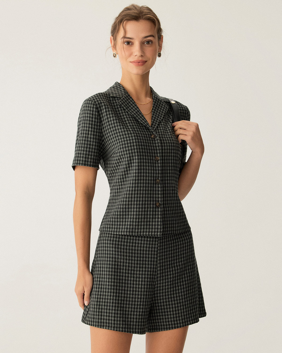 Anna-Berg | High Waisted Plaid Shorts for Women in Grey