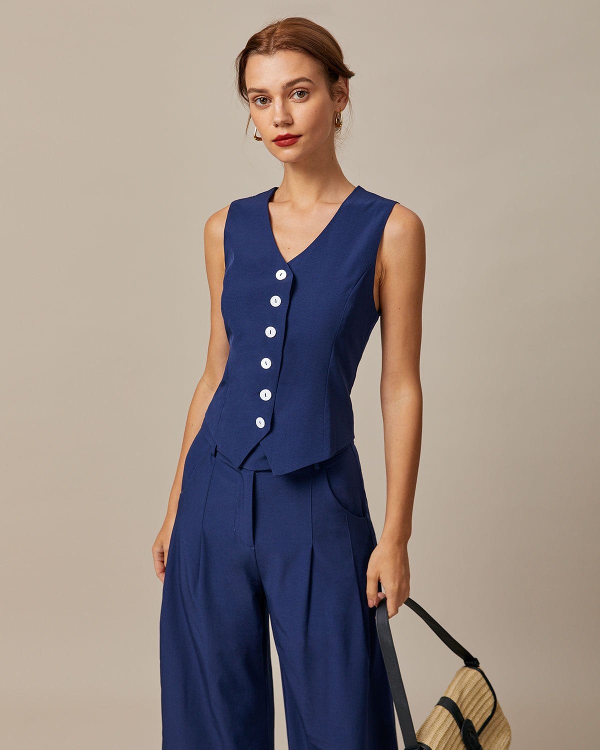 Anna-Berg | High Waisted Straight Pants for Women, Navy, Cotton