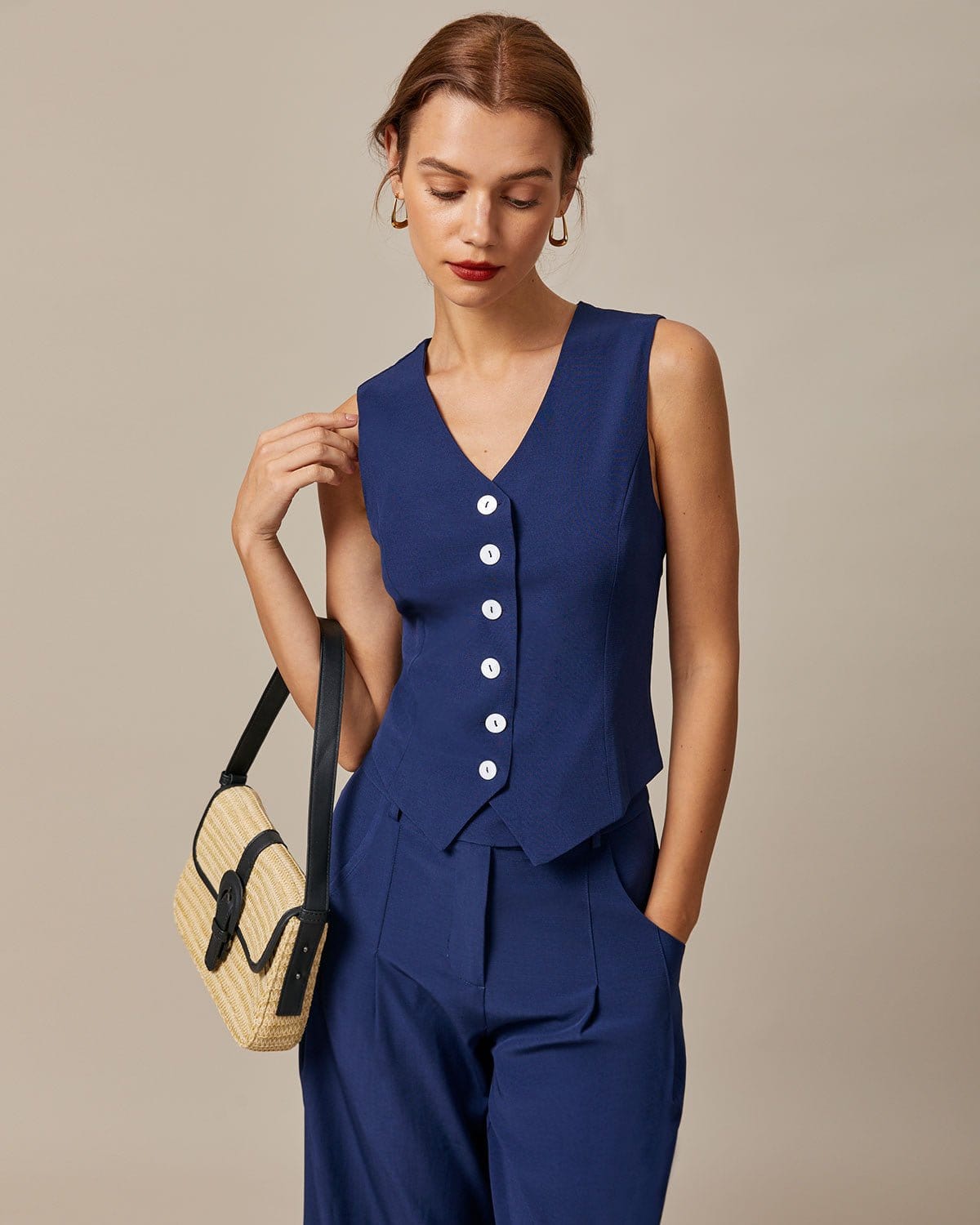 Anna-Berg | High Waisted Straight Pants for Women, Navy, Cotton