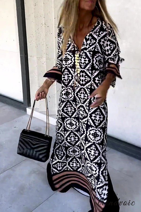 Anna-Berg | Modern Geometric Print Long Sleeve Casual Maxi Dress