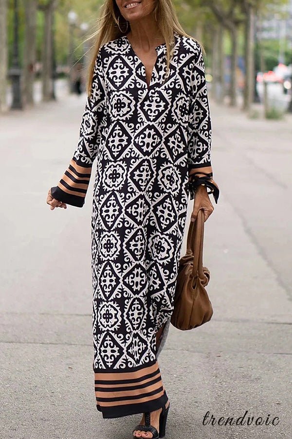 Anna-Berg | Modern Geometric Print Long Sleeve Casual Maxi Dress
