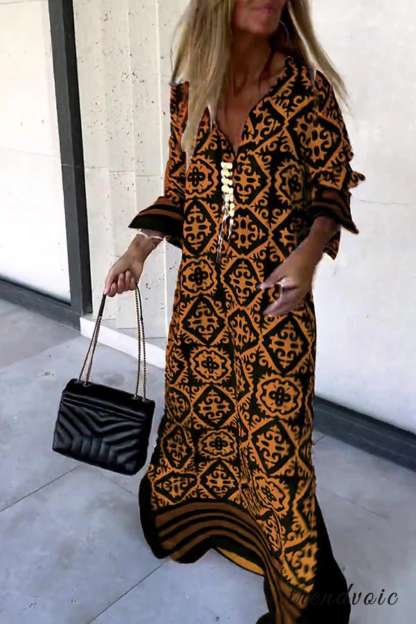 Anna-Berg | Modern Geometric Print Long Sleeve Casual Maxi Dress