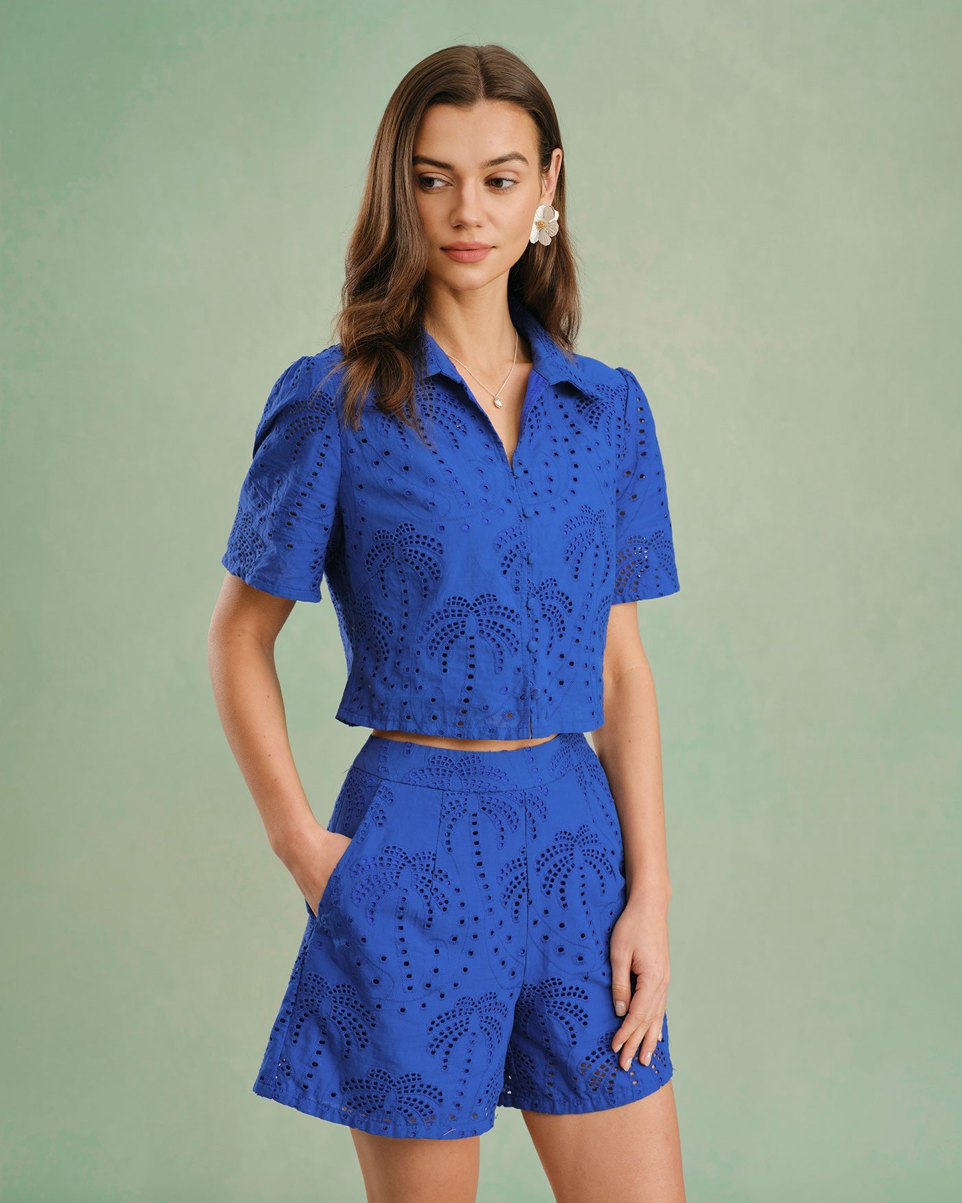 Anna-Berg | Cotton Shorts for Women, Blue, Embroidered Fit