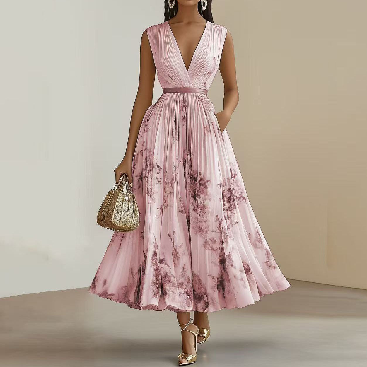 Anna-Berg | Printed V-Neck Sleeveless Fashion Pleated Dress
