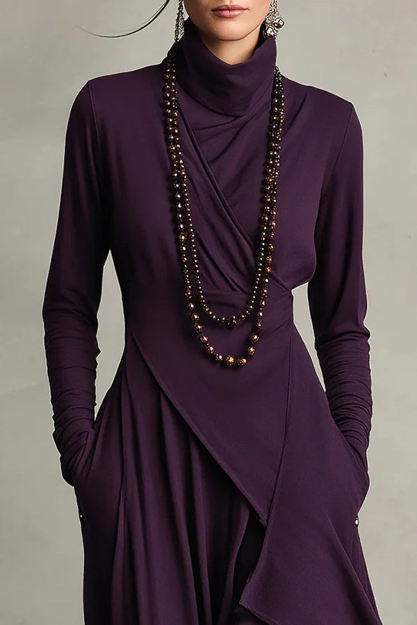 Anna-Berg | Solid Color High-Neck Long-Sleeved Irregular Dress