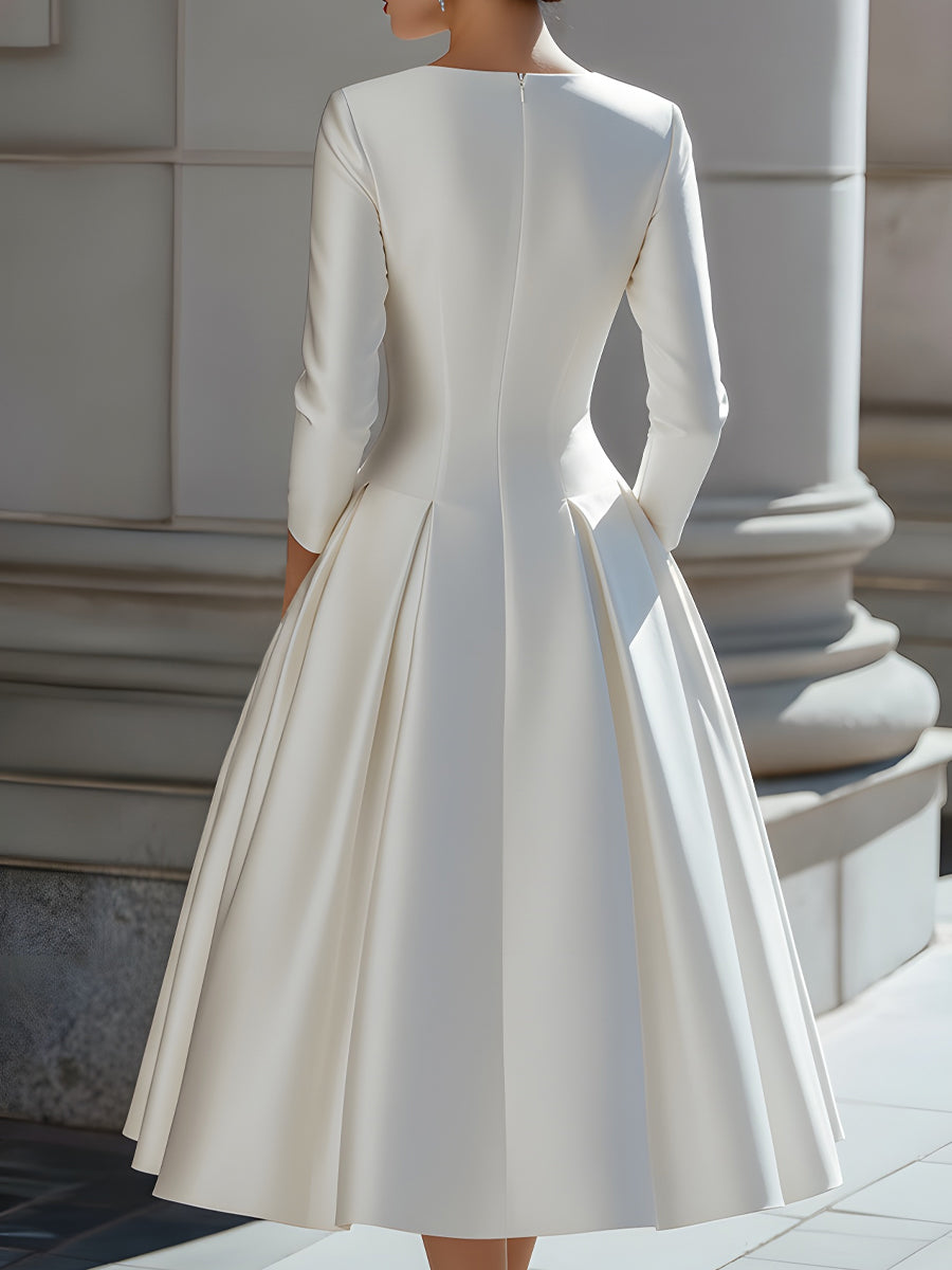 Anna-Berg | Elegant Satin V-Neck Pleated A-Line Midi Dress