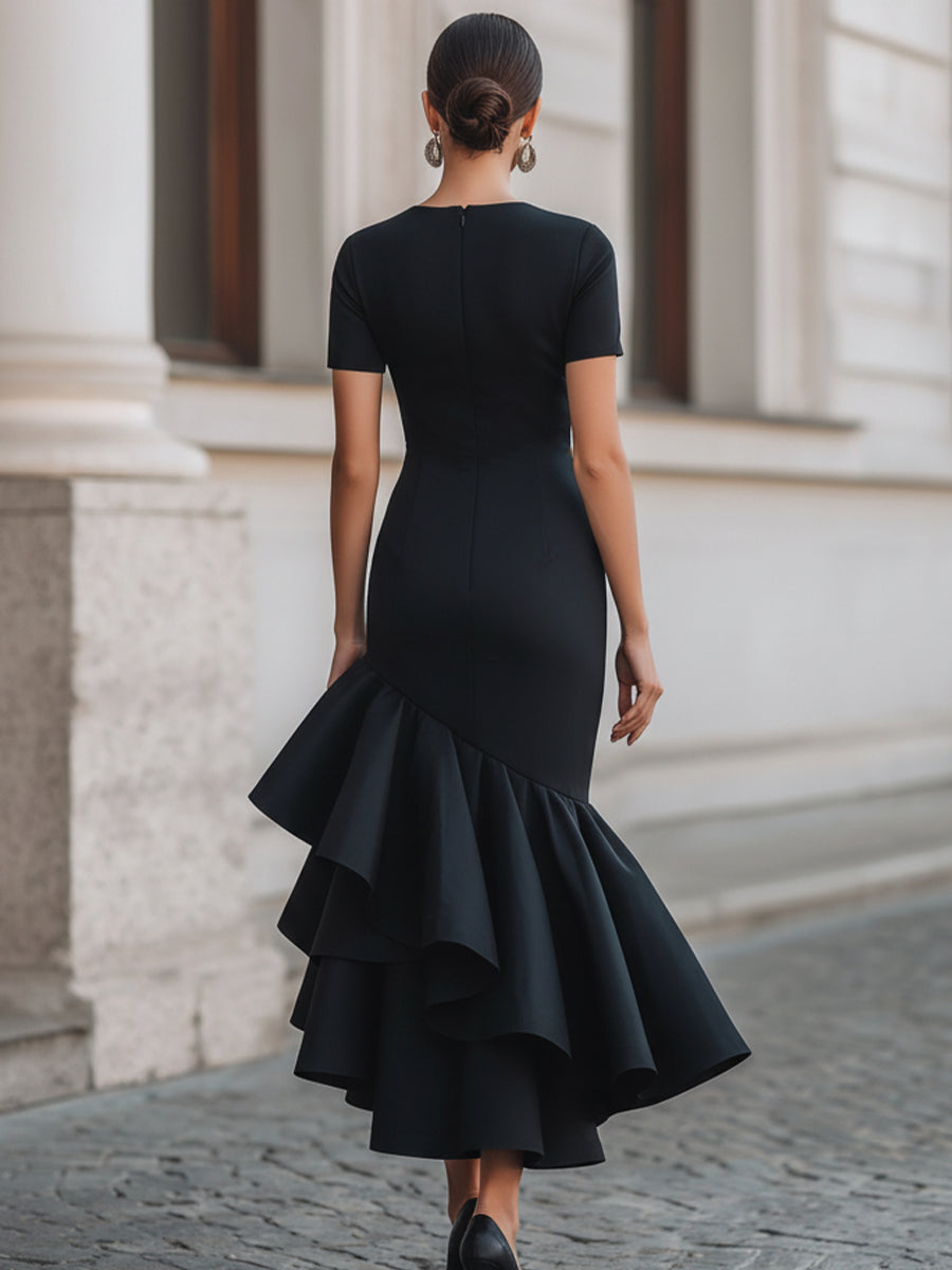 Anna-Berg | Asymmetric Ruffle Hem High Neck Dress