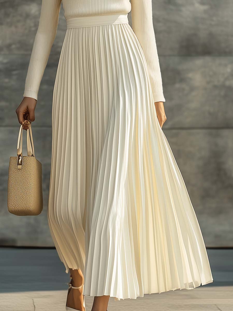 Anna-Berg | Cream Satin Pleated Casual Dress