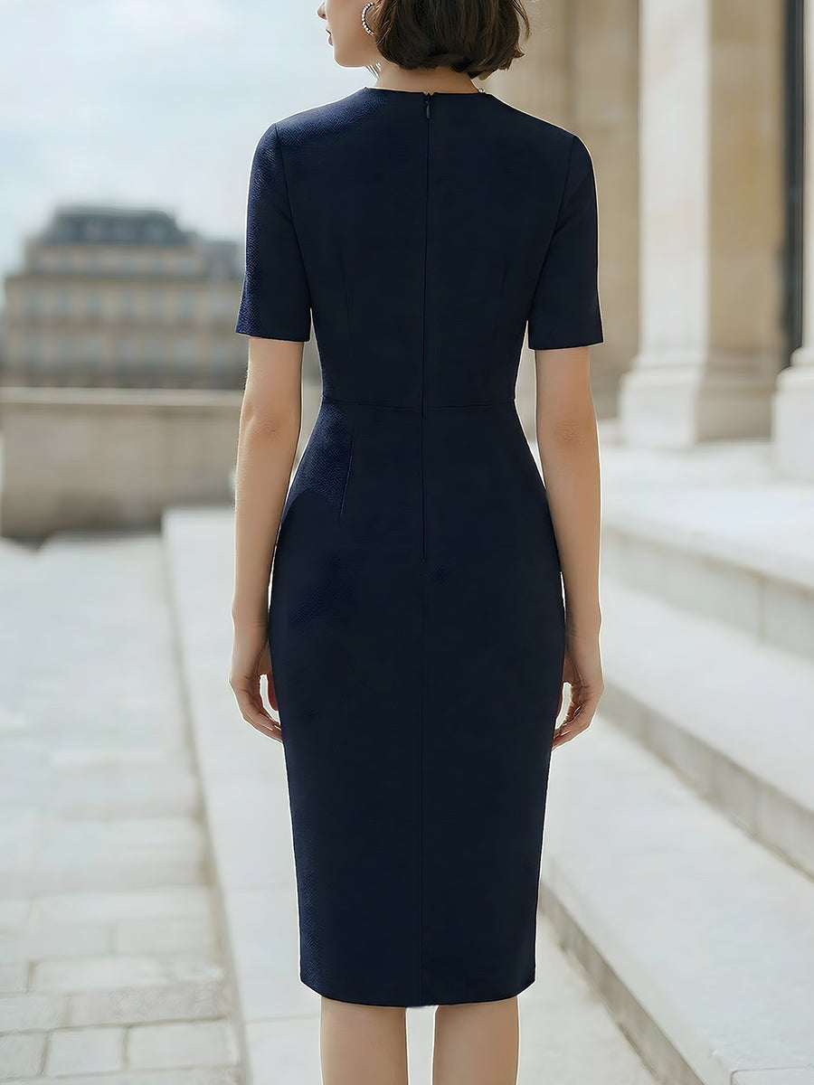 Anna-Berg | Elegant Pearl Neckline Button Detail Bodycon Midi Sheath Dress