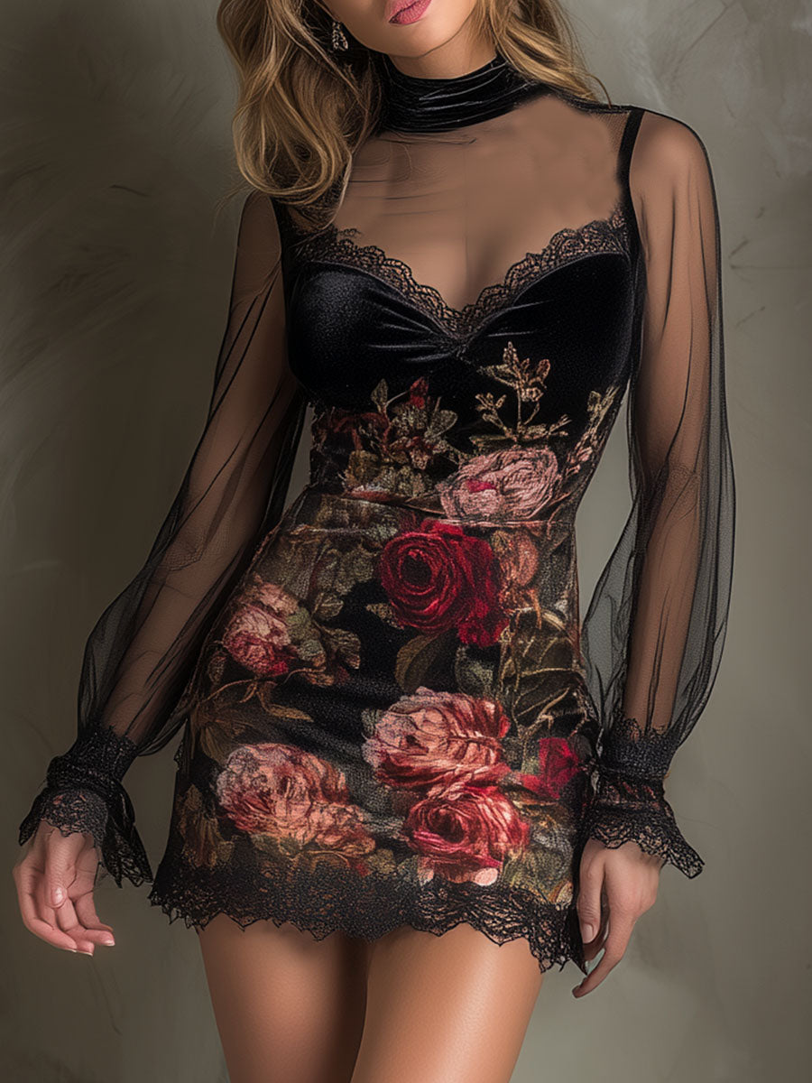 Anna-Berg | Velvet Rose Print Sheer Patchwork Dress