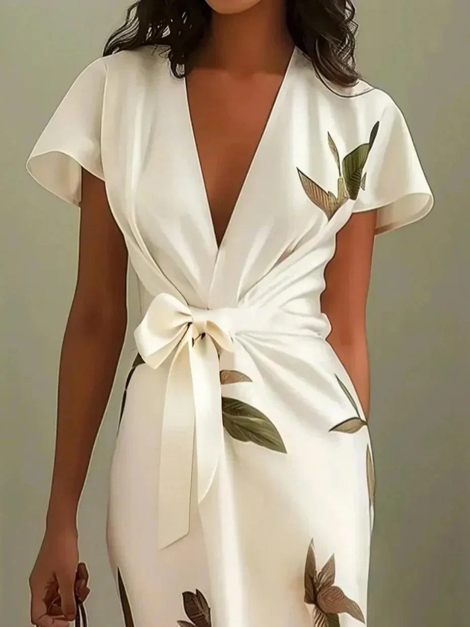 Anna-Berg | Timeless White Leaf Short Sleeve Midi Dress