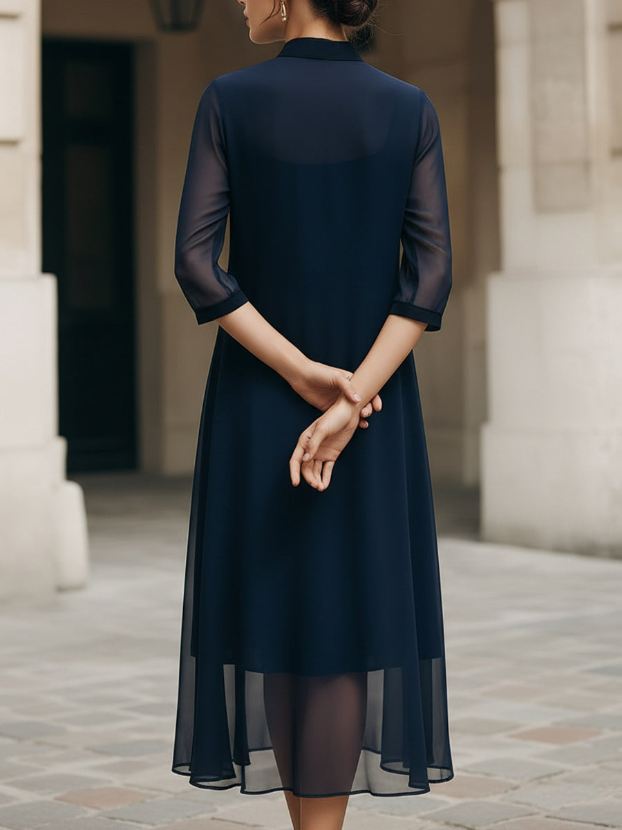 Anna-Berg | Mandarin Collar Sheer Overlay Midi Dress