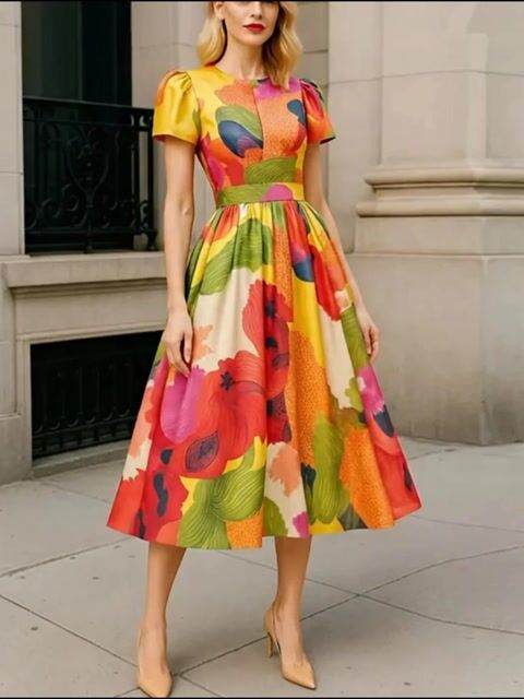 Anna-Berg | Red Satin A-Line Pleated Puff Dress