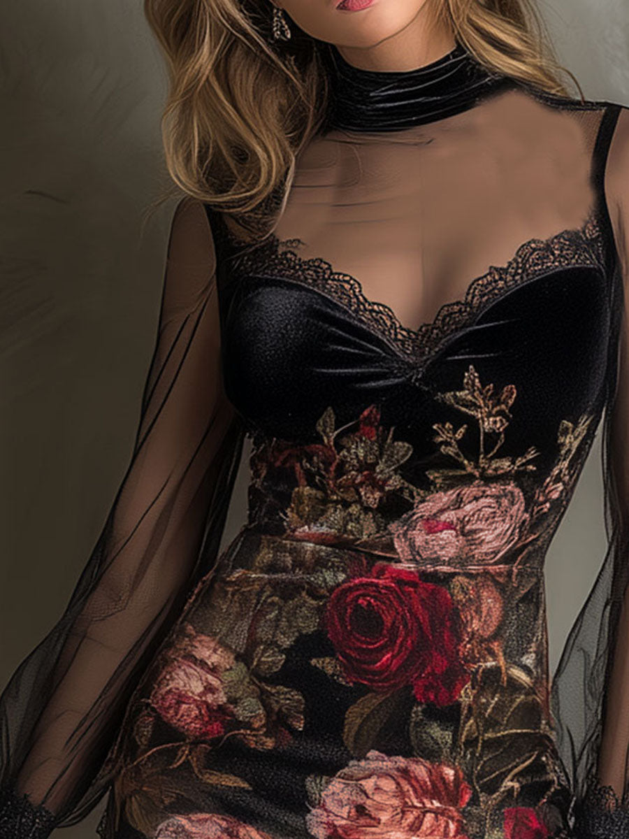 Anna-Berg | Velvet Rose Print Sheer Patchwork Dress