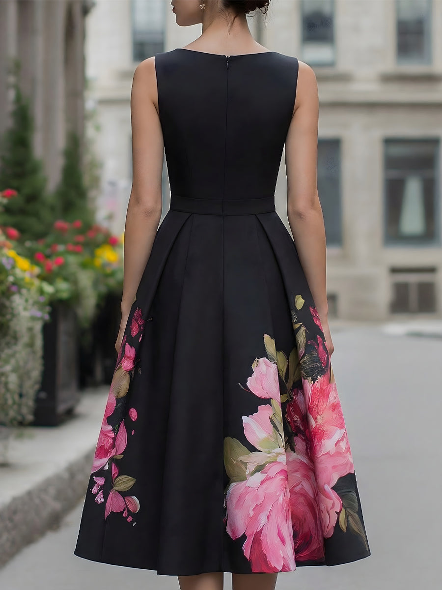 Anna-Berg | Elegant Sleeveless Midi Dress With Floral Printed Skirt