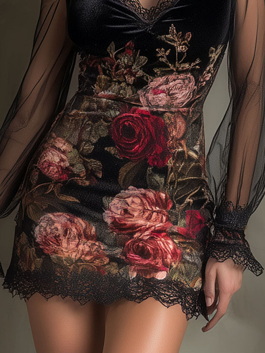 Anna-Berg | Velvet Rose Print Sheer Patchwork Dress