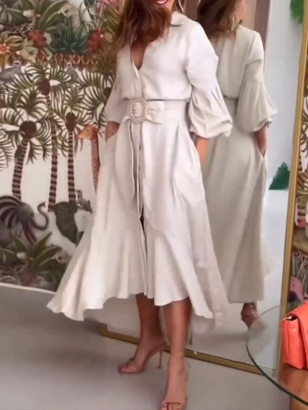 Anna-Berg | High-Low Puff Sleeves Pleated Solid Dress