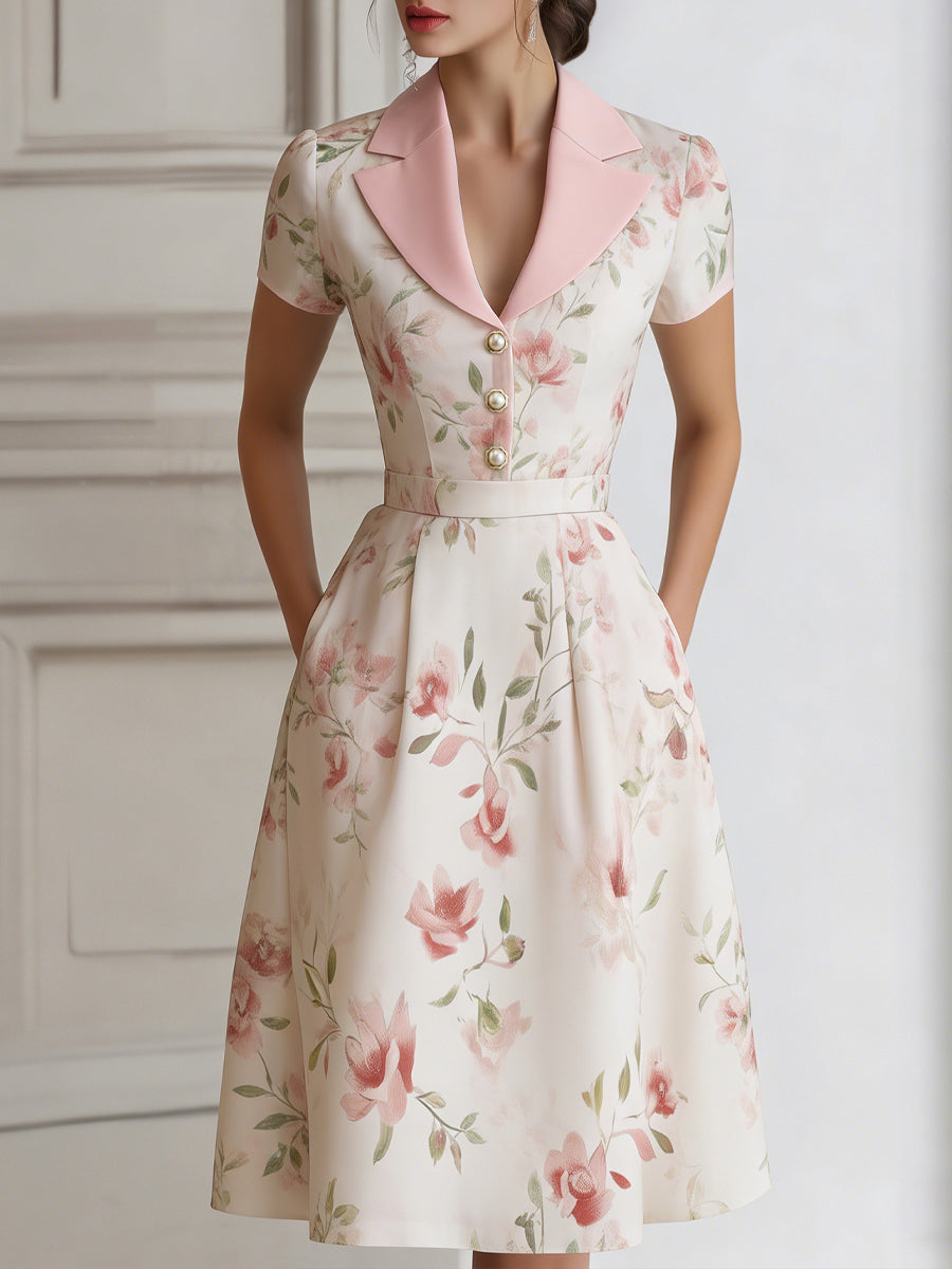 Anna-Berg | Floral Lapel Short Sleeve Midi Dress With Tailored Waist