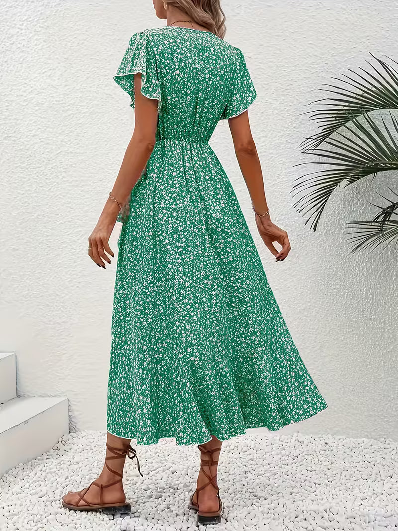 Anna-Berg | Timeless Floral Wrap Midi Dress With Ruffle Sleeves And Asymmetric Hem