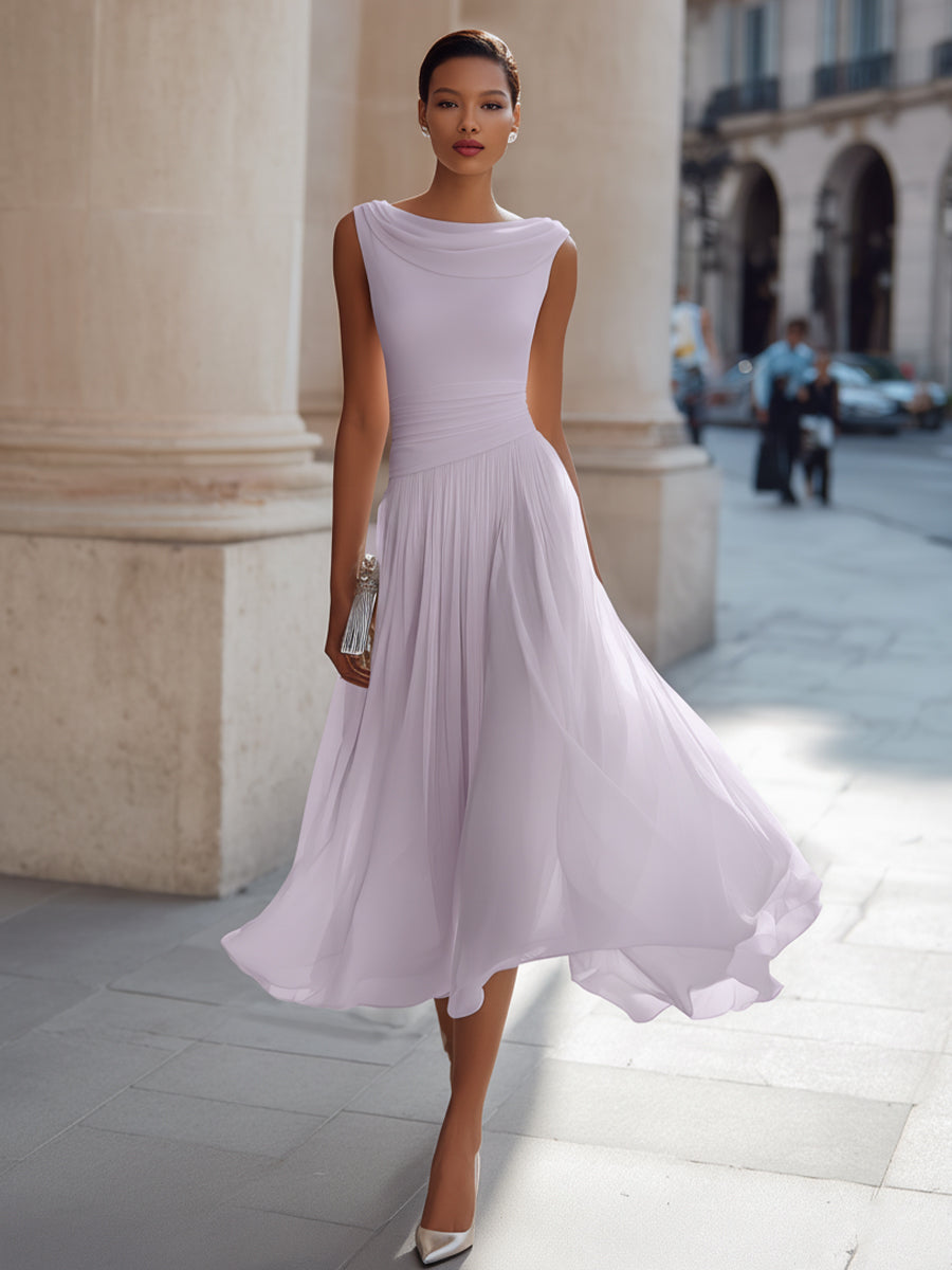 Anna-Berg | Draped Neck Sleeveless Pleated Dress