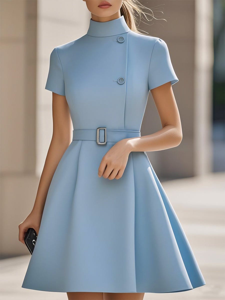 Anna-Berg | Elegant Black High-Neck Dress with Belted Waist