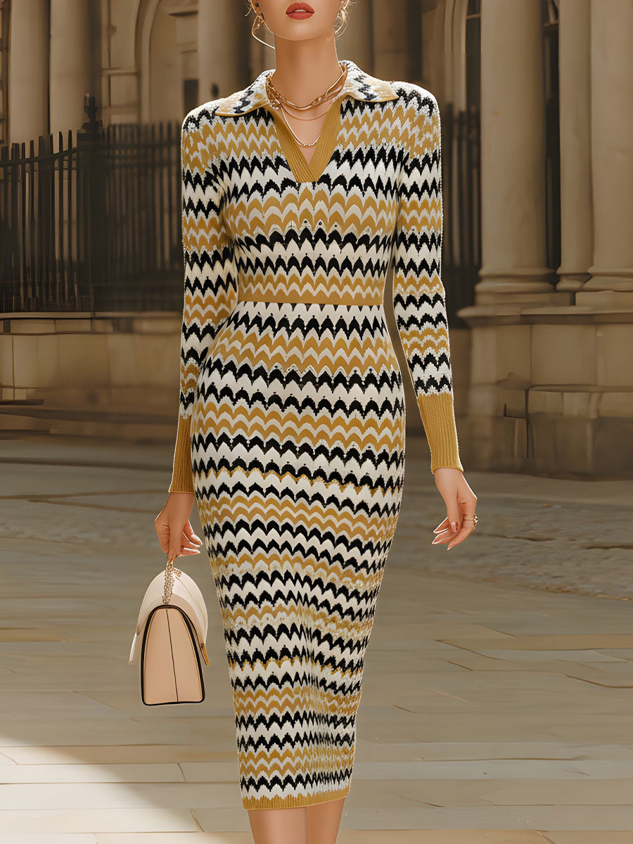 Anna-Berg | Retro Chevron Print Polo Collar Dress