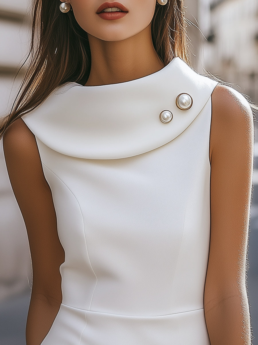 Anna-Berg | Chic Fold-Over Collar Sleeveless Satin Dress