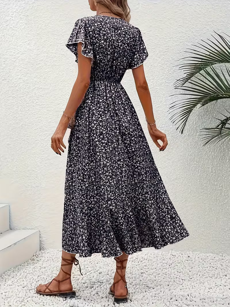Anna-Berg | Timeless Floral Wrap Midi Dress With Ruffle Sleeves And Asymmetric Hem