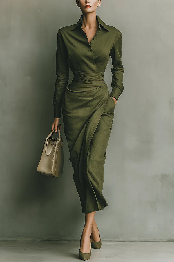 Anna-Berg | Solid Color Lapel Long Sleeve Dress