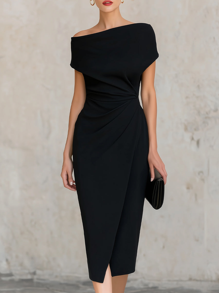 Anna-Berg | Minimalist Black Asymmetric One-Shoulder Midi Dress
