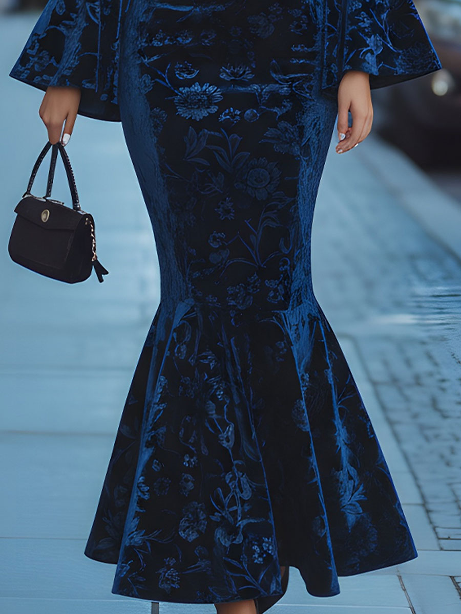 Anna-Berg | Royal Blue Floral Velvet Mermaid Dress