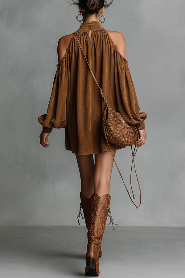 Anna-Berg | Stylish Off-Shoulder Lantern-Sleeved Suede Loose Dress