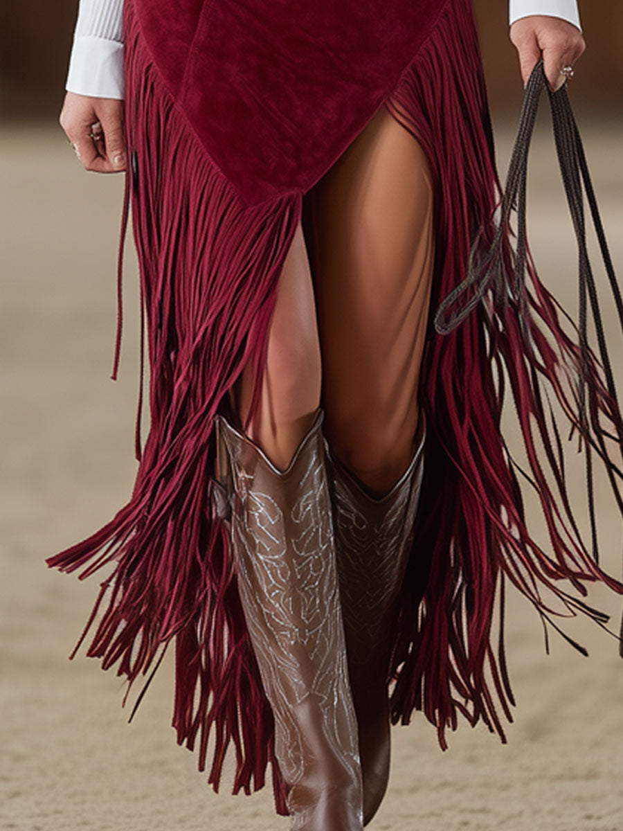 Anna-Berg | Red Faux Suede Slit Casual Dress