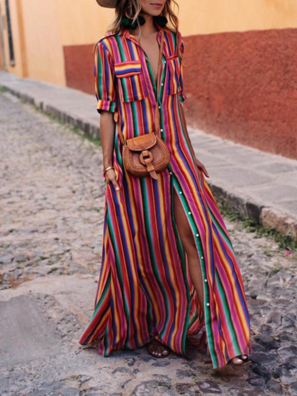 Anna-Berg | Graceful Casual Striped Printed Shirt Maxi Skirt