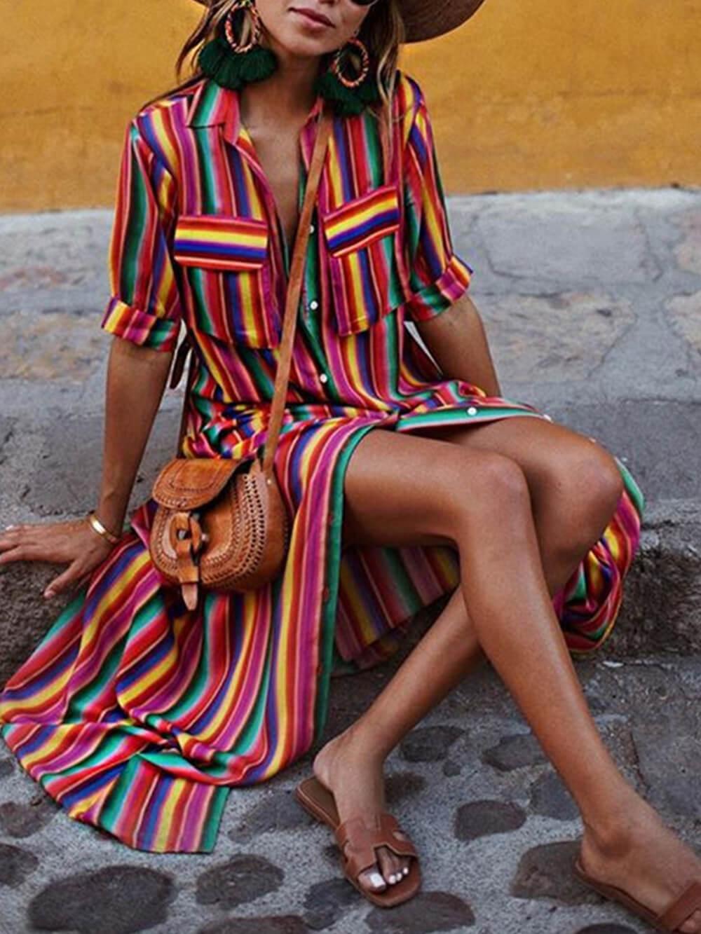 Anna-Berg | Graceful Casual Striped Printed Shirt Maxi Skirt