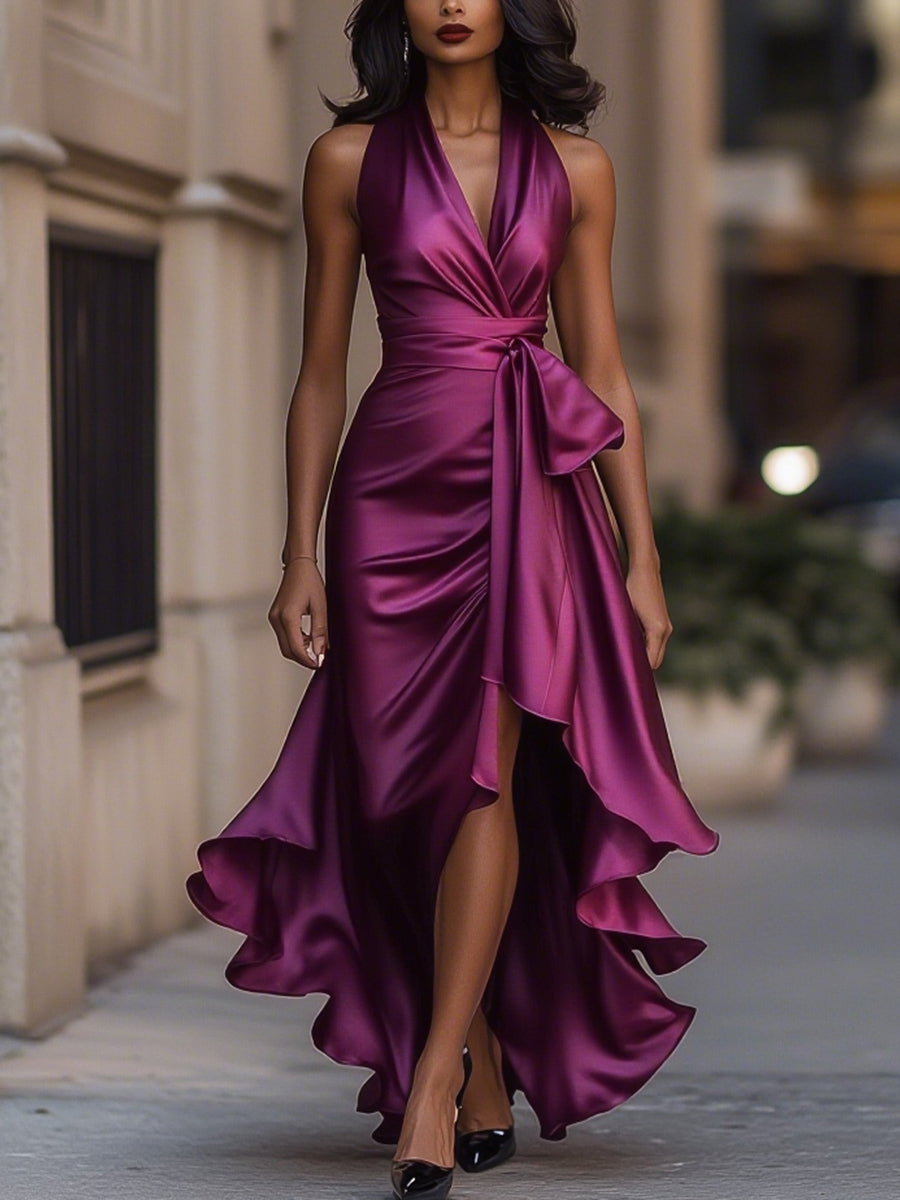 Anna-Berg | Midnight Elegance Satin Halter Ruffle Gown