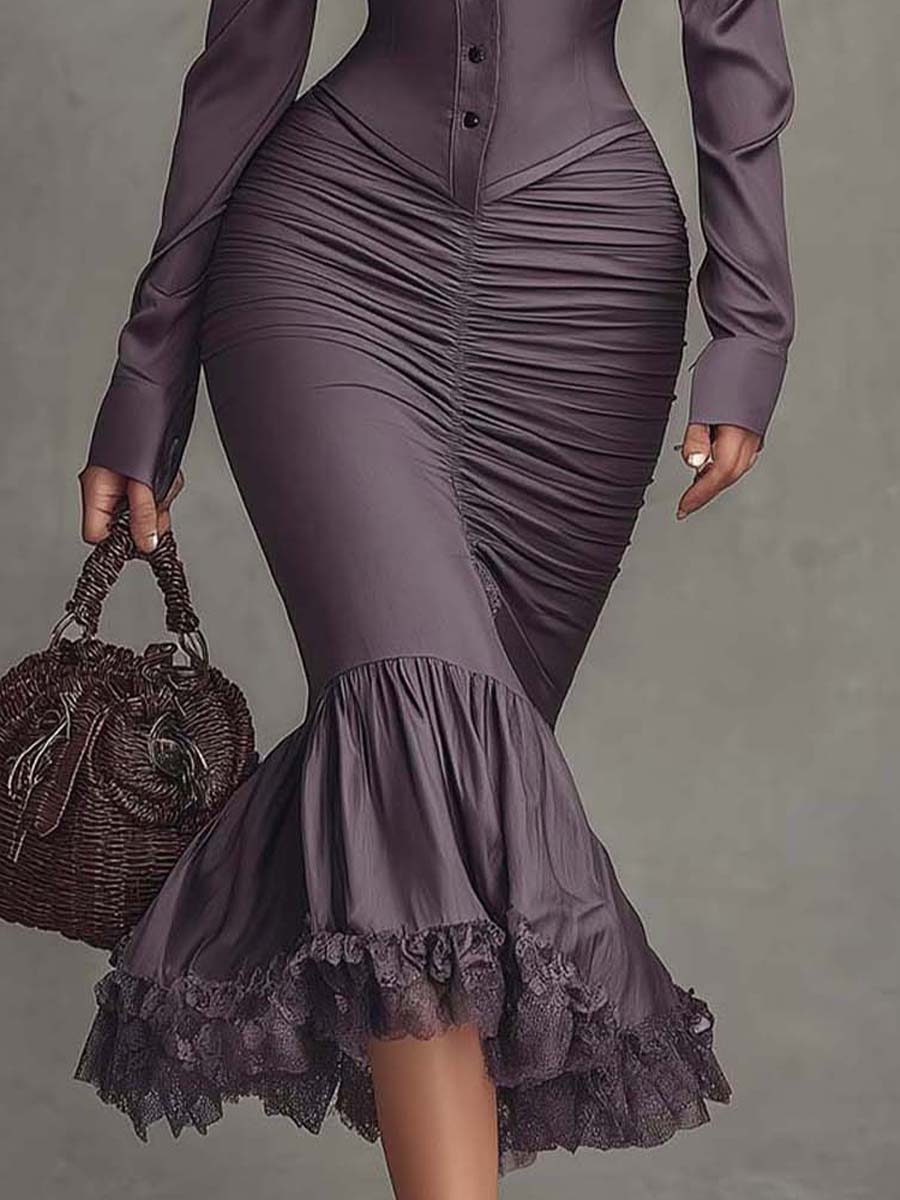 Anna-Berg | Dusty Mauve Lace Ruched Evening Dress