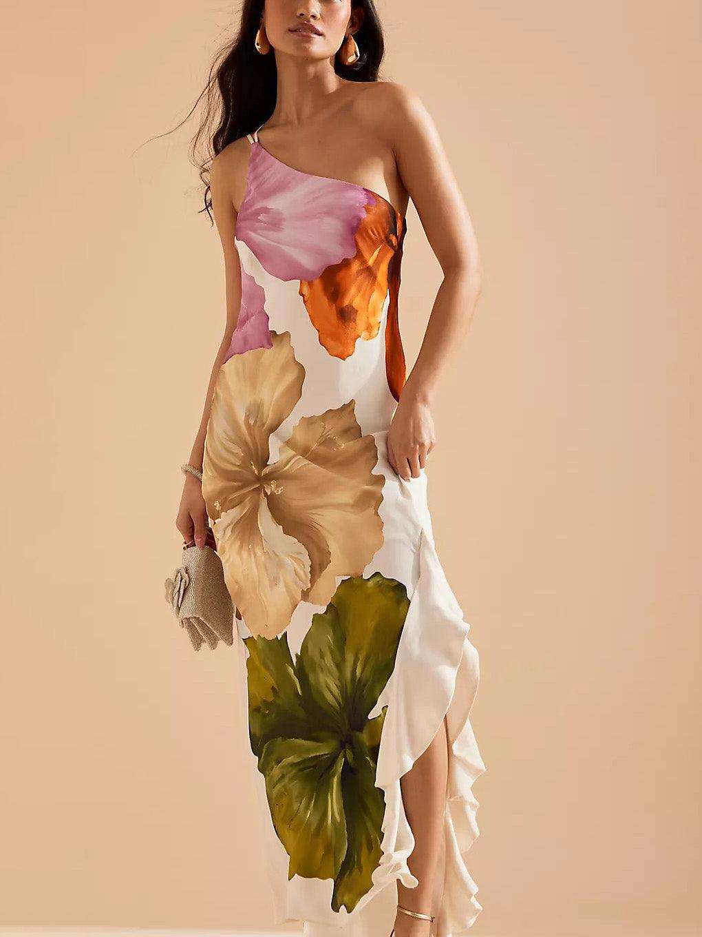 Anna-Berg | Elegant Floral Print One-shoulder Maxi Dress