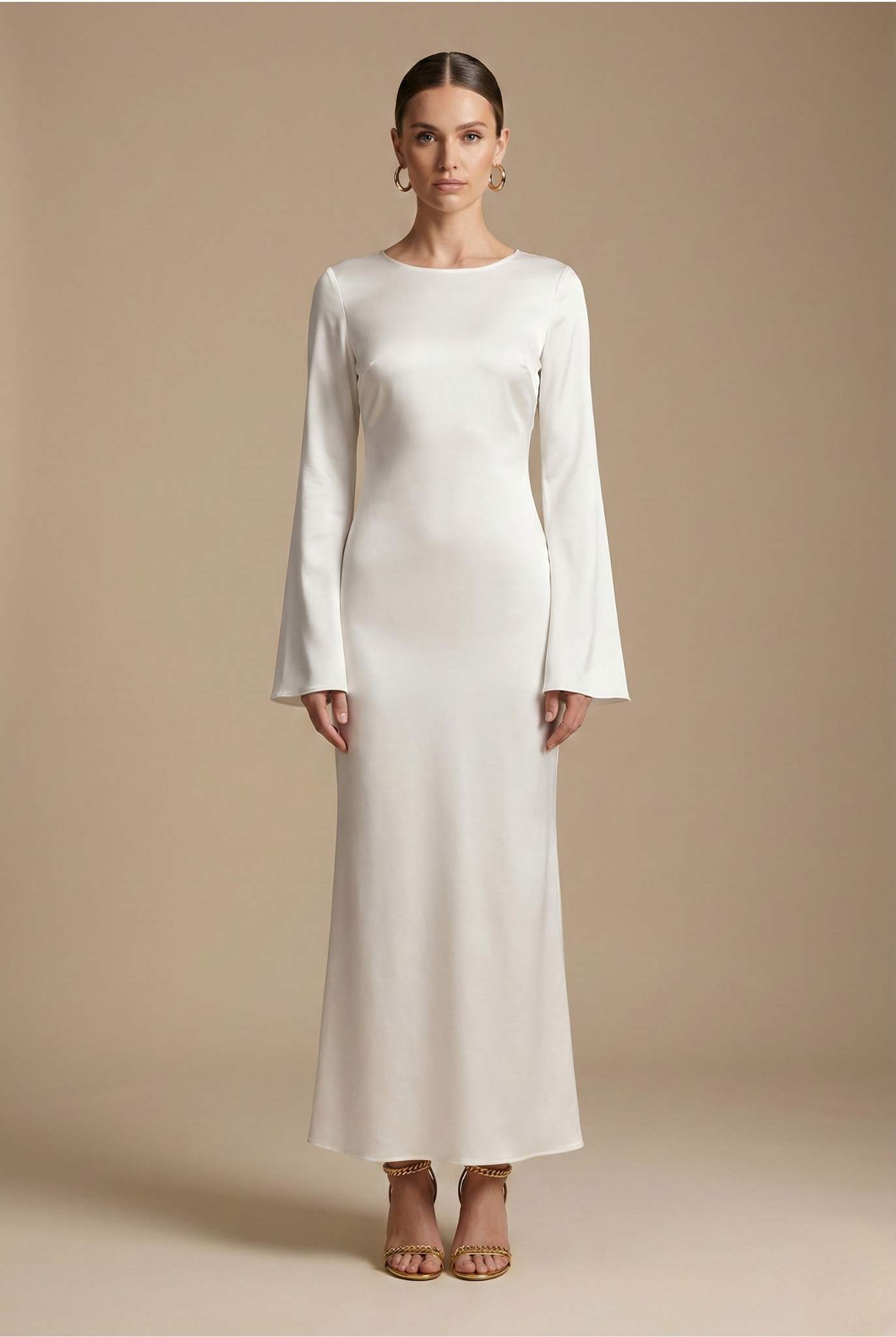 Anna-Berg | Flowing Maxi Dress - Boat Neck - Flared Sleeve - Tie Back