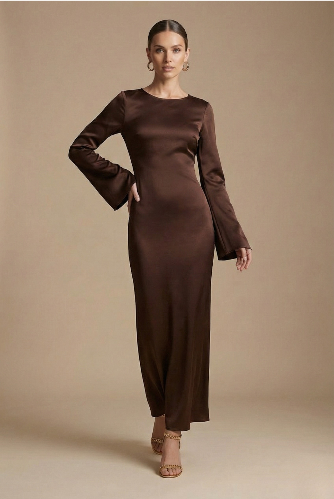 Anna-Berg | Flowing Maxi Dress - Boat Neck - Flared Sleeve - Tie Back
