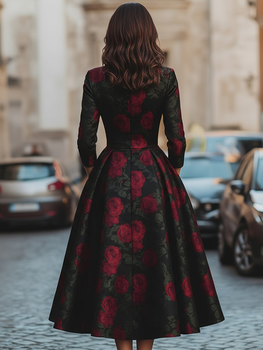 Anna-Berg | Elegant Jacquard Rose Print Midi Dress