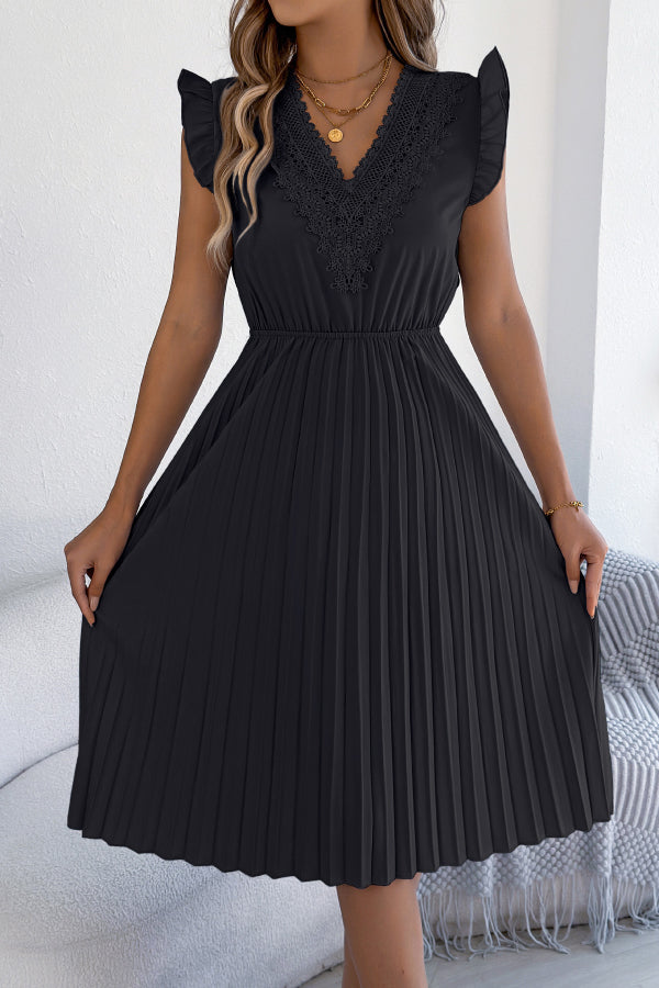 Anna-Berg | Solid Color V-Neck Lace-Trimmed Sleeveless Dress