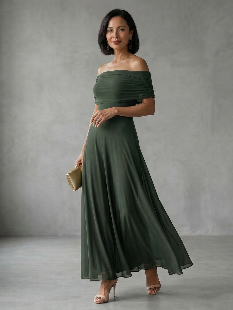 Anna-Berg | Sophisticated Off Shoulder Draped Midi Dress