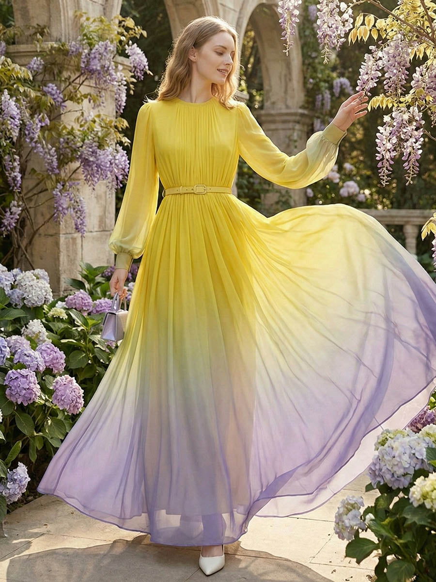 Anna-Berg | High Waisted Long Sleeves Belted Dress