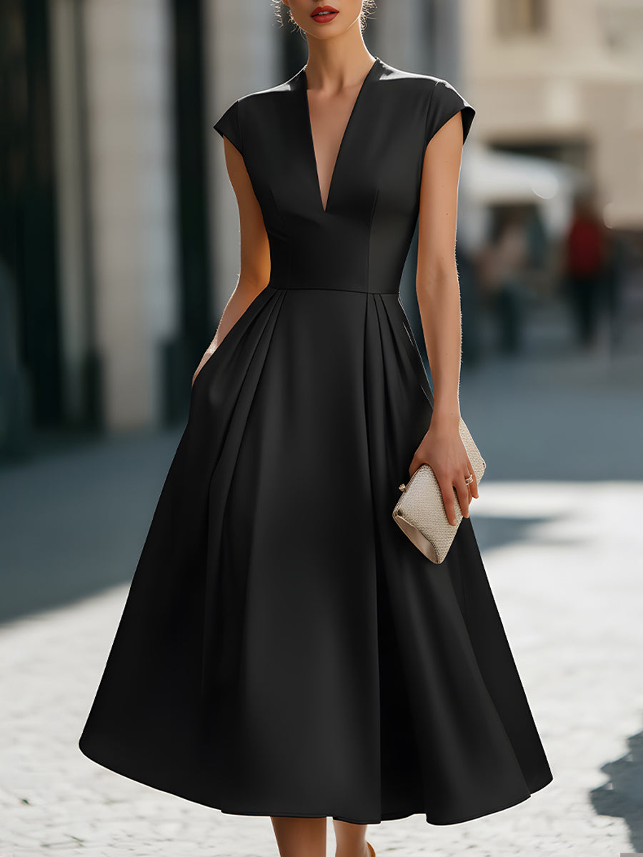 Anna-Berg | Cap-Sleeve Deep V-Neck Pleated Dress